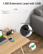 Extension Lead with USB Slots, 6 Way Outlets 5 USB (5A, 3 USB- C Port),1.6M