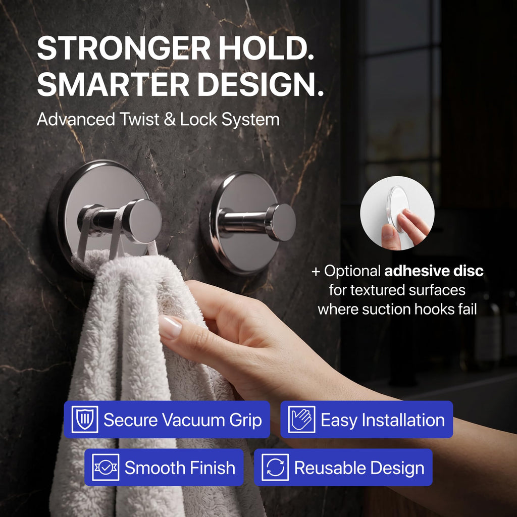HOME SO Suction Cup Hooks for Shower & Bathroom Towel Holder 2-Pack Black