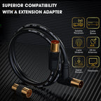 TV Aerial Cable 10m, 75 Ohm Coaxial Lead, IEC 9.5mm Male to Male 3C2V Pure Copper Dual Shielded, Right-Angle Connector, Female to Female Adaptor Included, Black