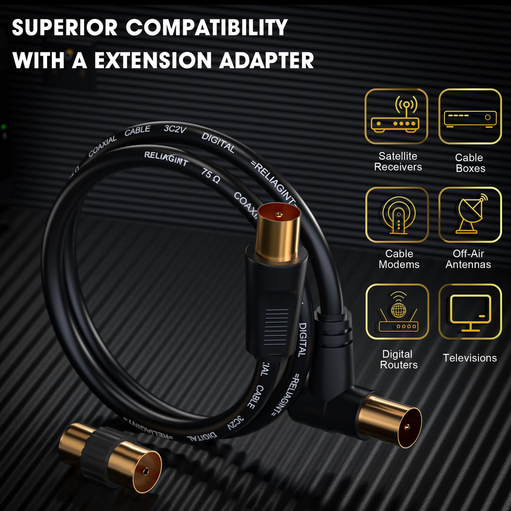 TV Aerial Cable 10m, 75 Ohm Coaxial Lead, IEC 9.5mm Male to Male 3C2V Pure Copper Dual Shielded, Right-Angle Connector, Female to Female Adaptor Included, Black