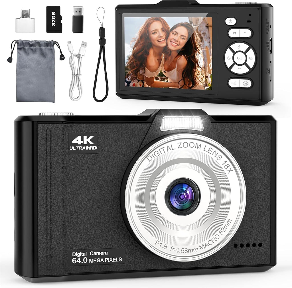 Digital Camera 4K 64MP Portable Vlogging Camera with 32GB SD Card