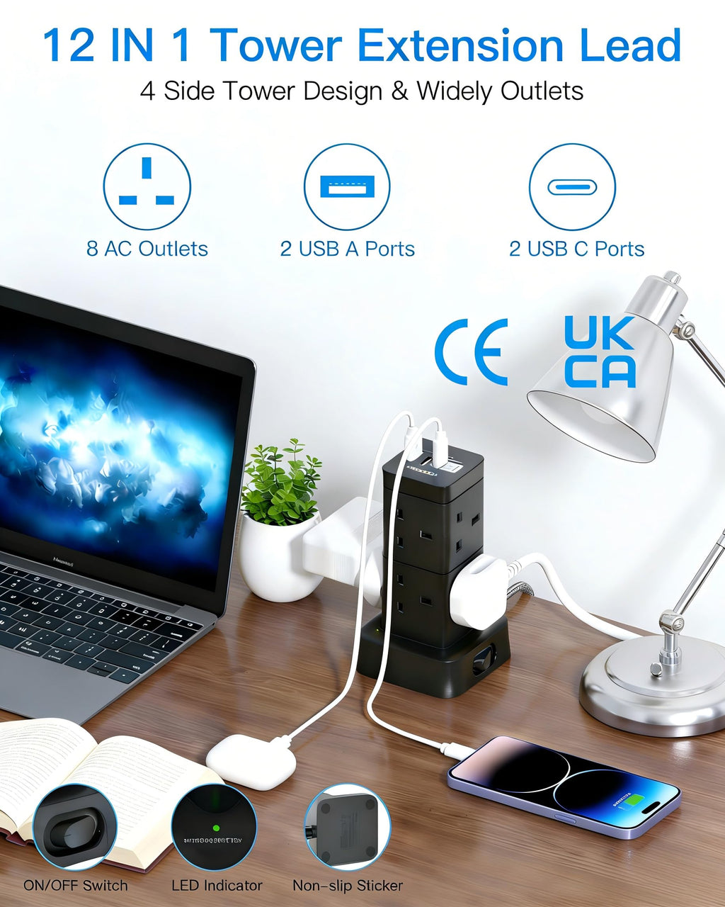3M Tower Extension Lead with 2 USB C Slots, 8 Way Outlets Power Strip, 10Ft