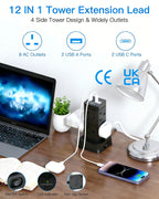3M Tower Extension Lead with 2 USB C Slots, 8 Way Outlets Power Strip, 10Ft