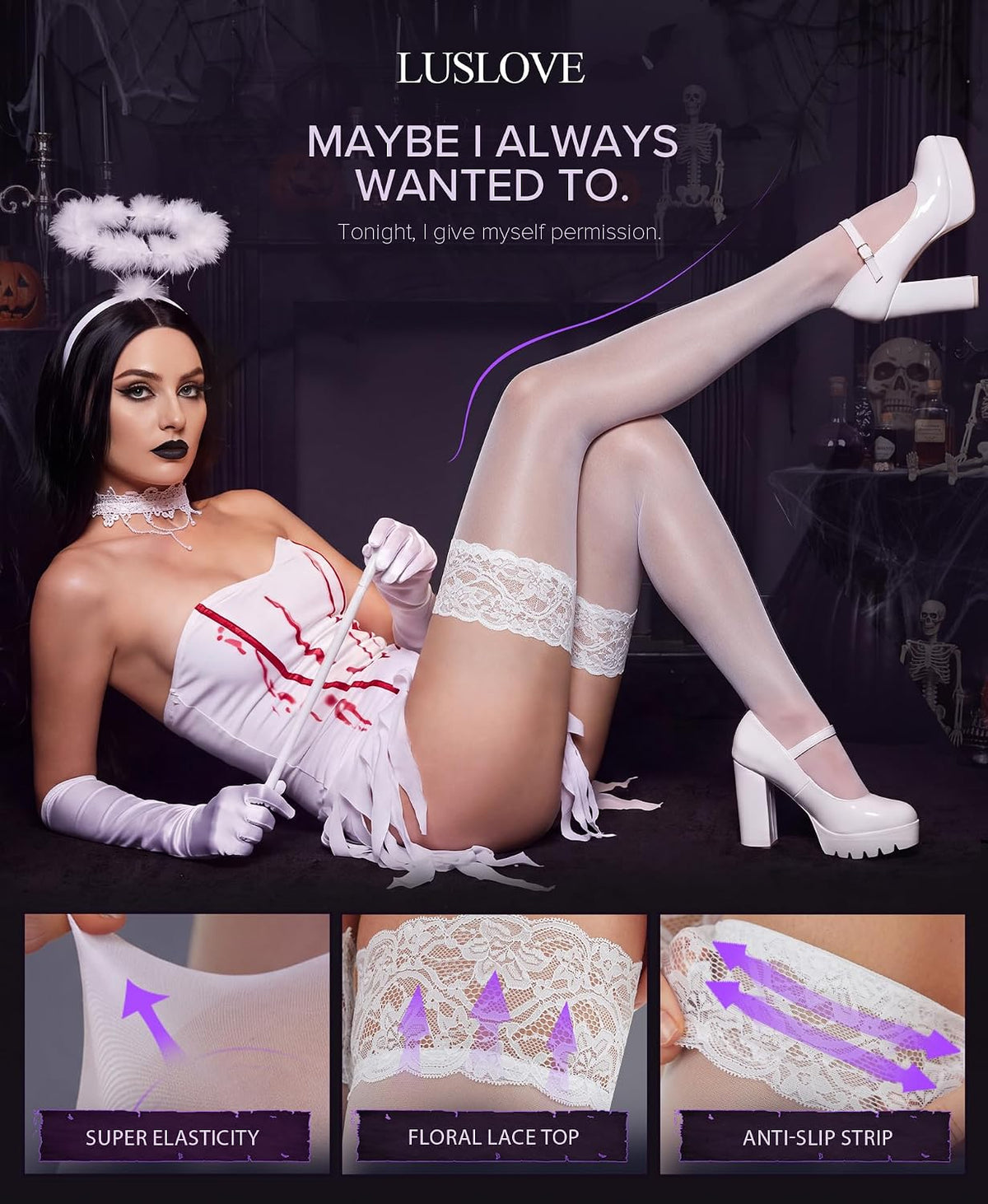 Hold Up Stockings for Women – Sexy Lace Top Thigh High with Anti-Skid Silicone Silk One Size