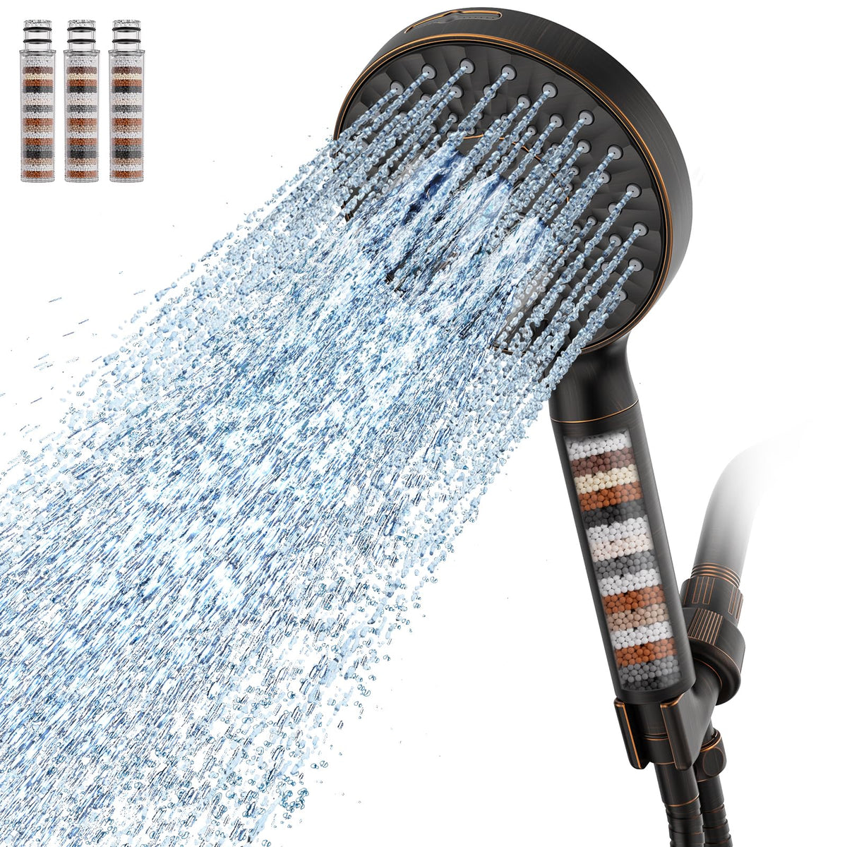 SR SUN RISE Filtered Shower Head with Handheld High Pressure 9 Spray Mode Showerhead Detachable Shower Head Water Softener Filters Beads for Hard Water Remove Chlorine 1 Filter Bright Silver