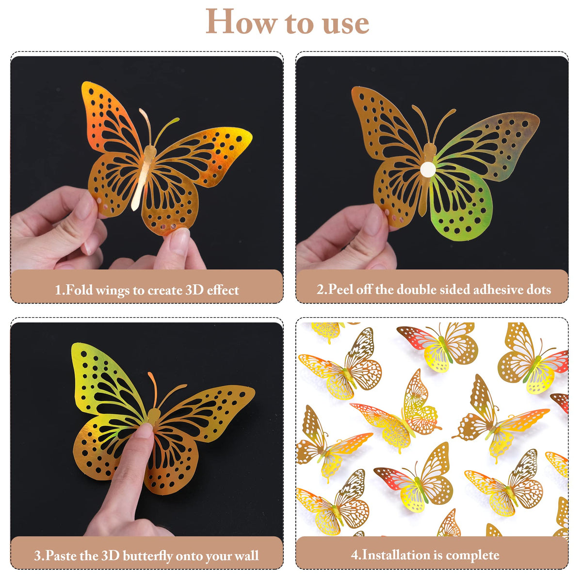 SAOROPEB 3D Butterfly Wall Decor 48 Pcs Gold Butterfly Birthday Decorations