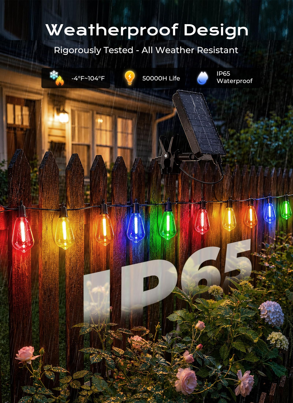 Brightown 52FT Solar String Lights Outdoor Waterproof, Last 30+ Hrs Runtime