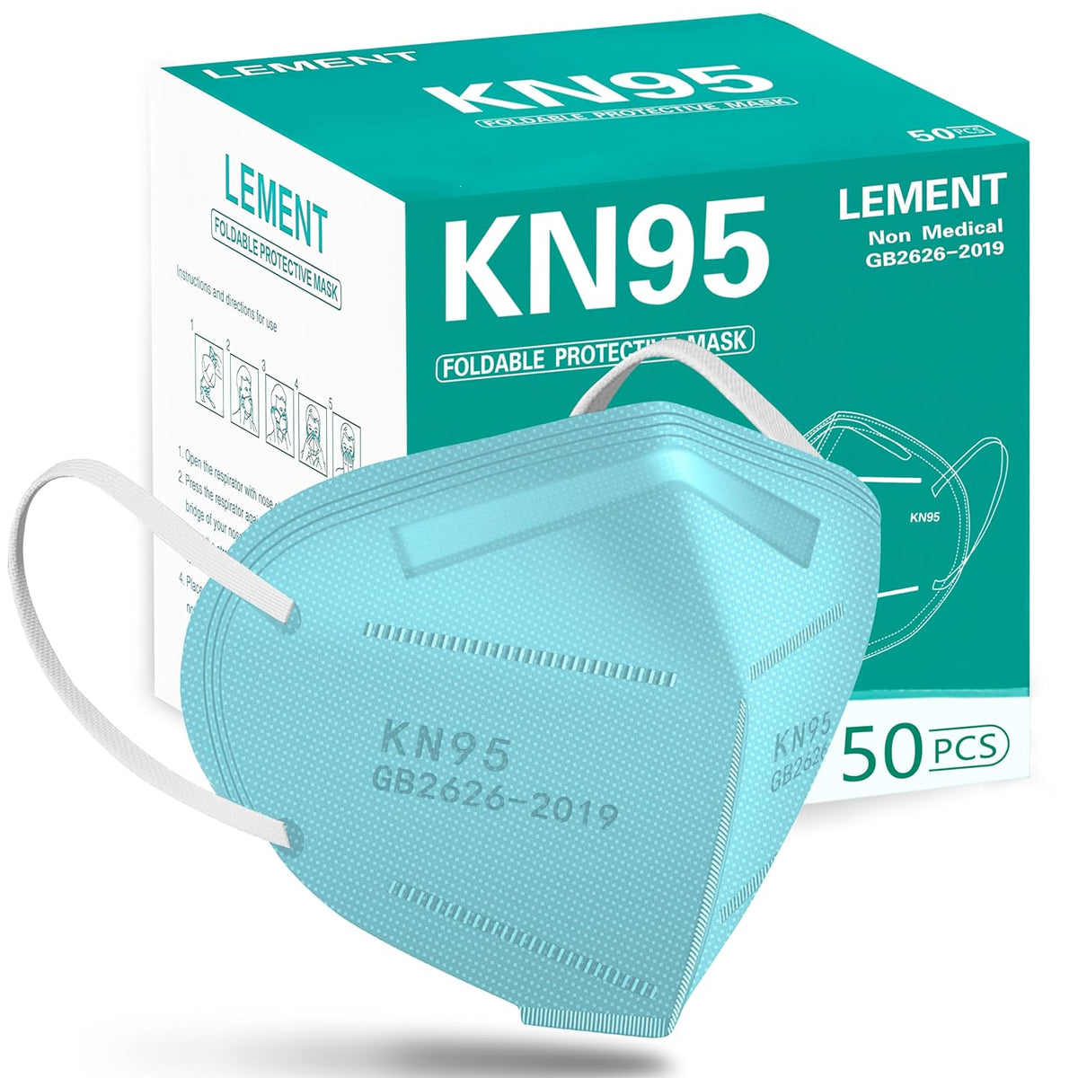 LEMENT 50pcs KN95 Face Mask Black 5-Layer Filter≥95% Cup Dust Safety Masks