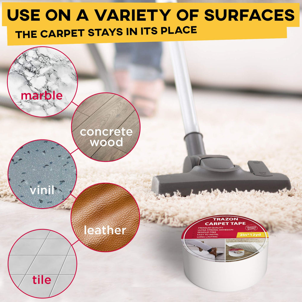 Carpet Tape Double Sided - Rug Tape Grippers for Hardwood Floors and Area Rugs - Carpet Binding Tape Strong Adhesive and Removable, Heavy Duty Stickers Grip Tape, Residue Free (2 Inch / 12 Yards)