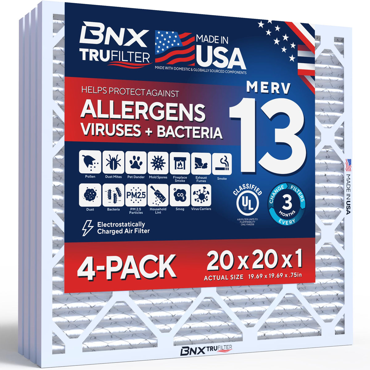 BNX TruFilter 20x20x1 Air Filter MERV 13 Smoke, Allergy, Pet Defense 6-Pack