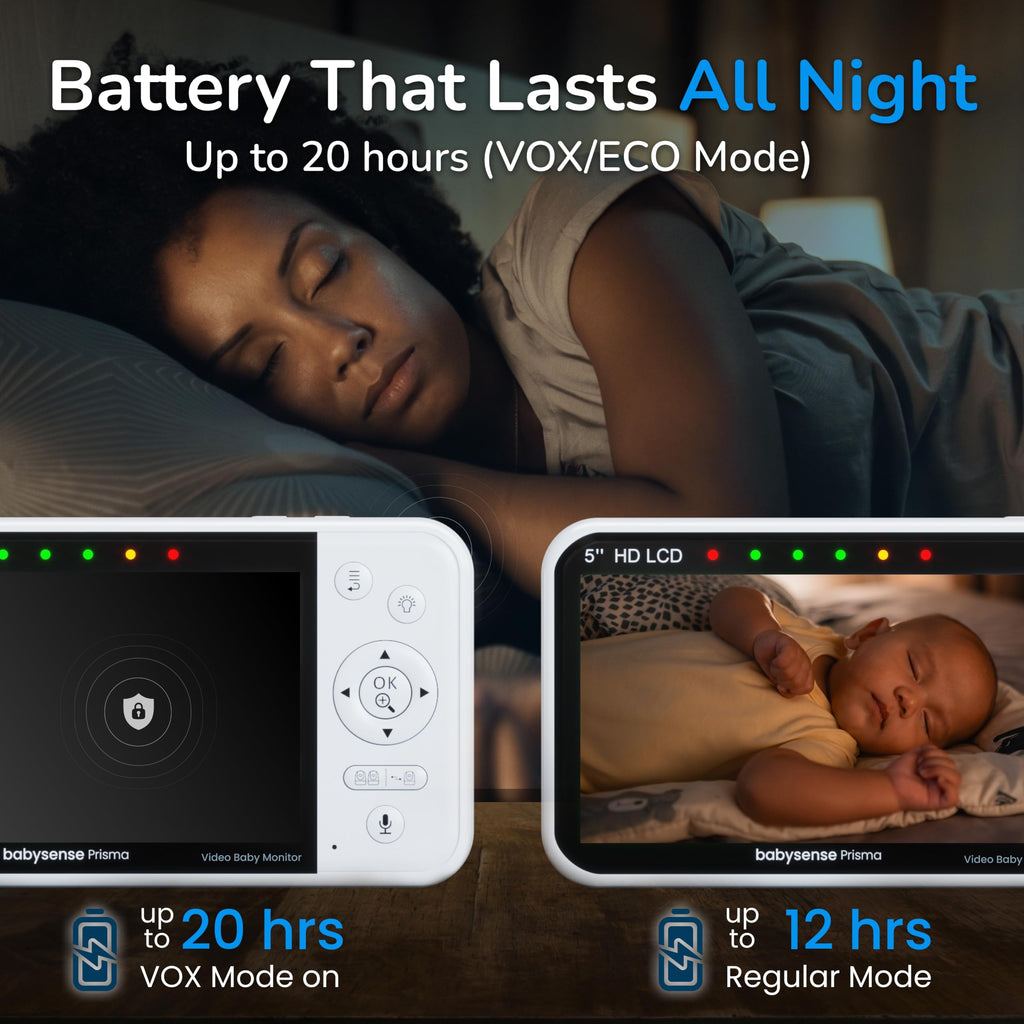 Babysense Prisma Baby Monitor with Camera and Night Vision, 5” HD Video Baby Monitor, 6-Color Night Light, Split Screen, Baby Sound Machine with White Noise & Lullabies, Secure No WiFi