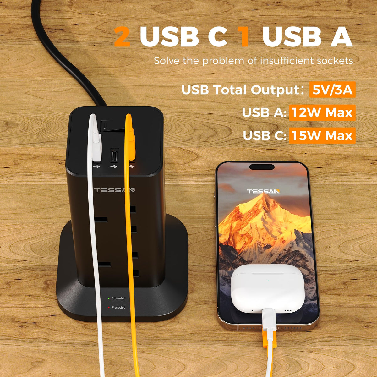 TESSAN Tower Extension Lead 5M with USB C Slots