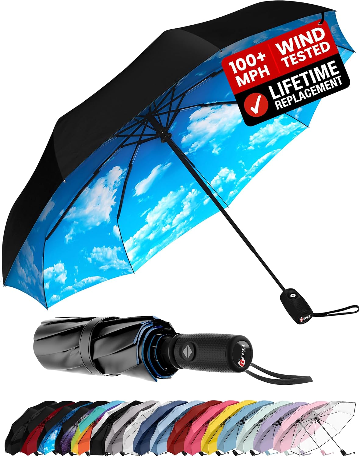 Repel Windproof Travel Umbrella - Compact & Withstands Winds up to 100MPH, Strongest Premium Auto Folding Umbrella for Rain and Sun - Durable, Light & Portable for Women & Men, Fits Backpack & Cars