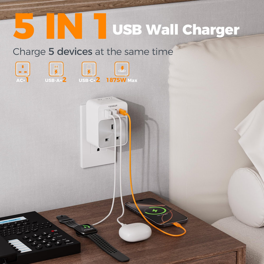 TESSAN UK to European Plug Adapter 2 Pack, EU Travel Plugs with USB C