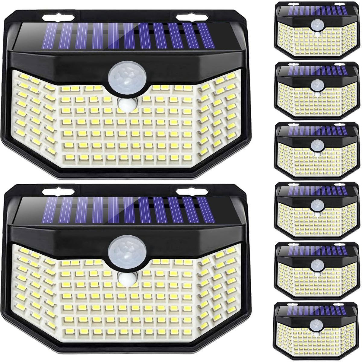 HMCITY Solar Lights Outdoor 120 LED with 3 Lighting Modes, Motion Sensor Wall Lights,IP65 Waterproof Solar Powered for Garden Patio Yard (Back Button 2Packs, Black Shell-Daylight White)