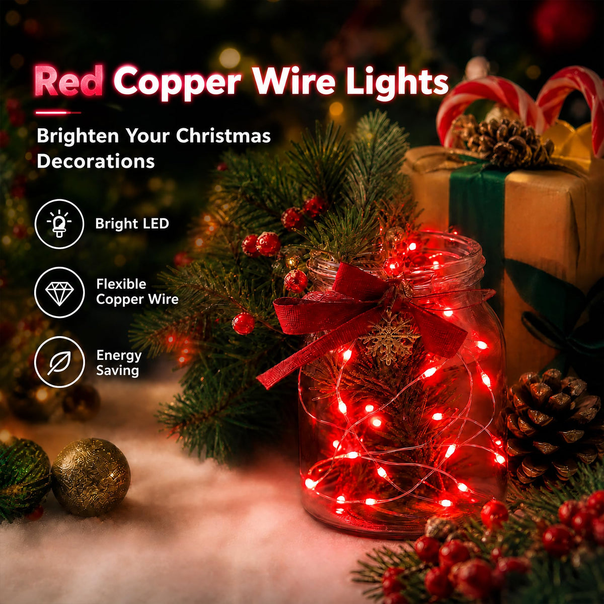 Dazzle Bright Fairy Lights Battery Operated, 20 FT 60 LED Silver Wire Waterproof Battery Operated String Lights, Christmas Decorations for Indoor Outdoor Bedroom Yard Decor, Red