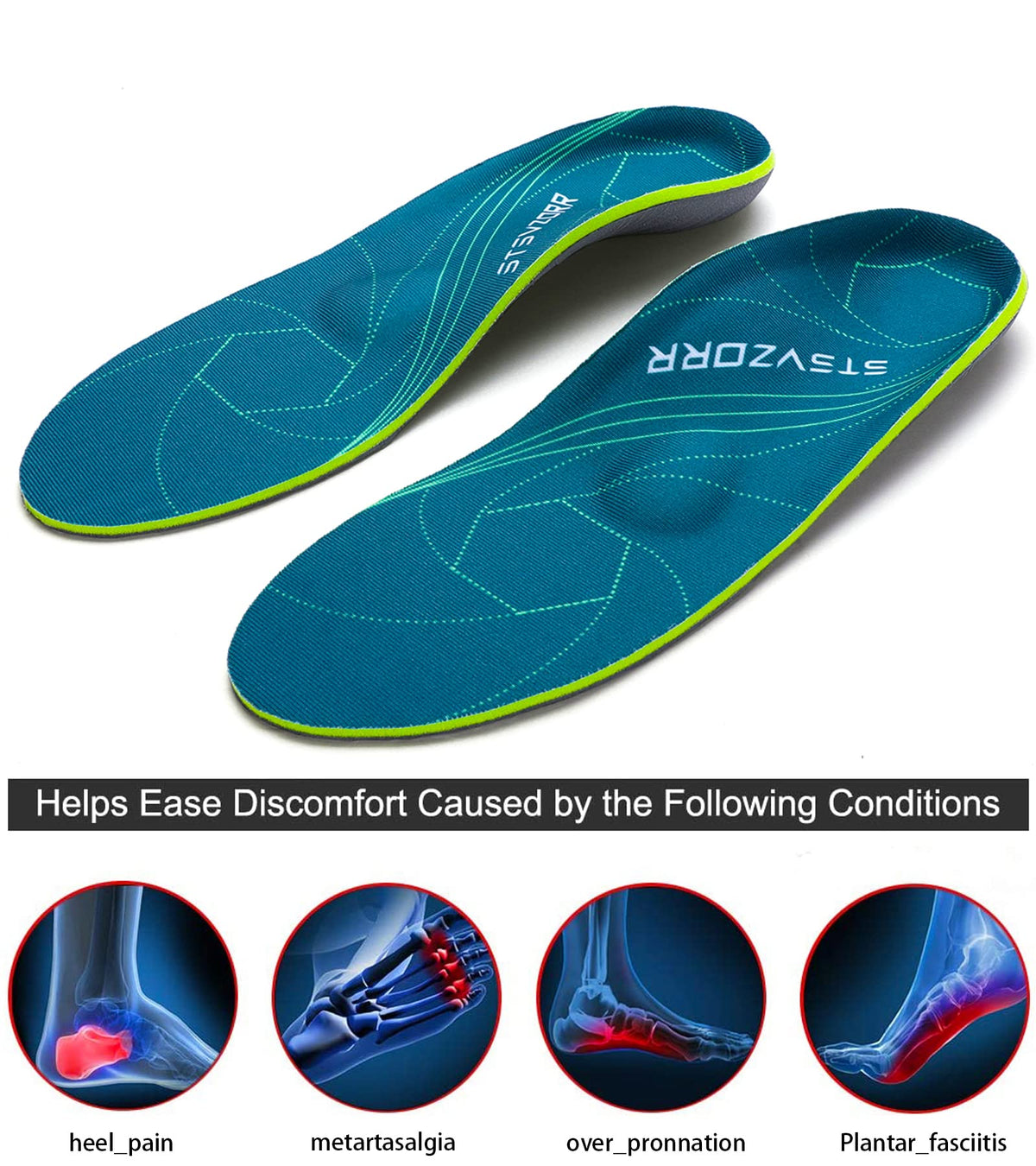 Plantar Fasciitis Arch Support Orthopedic Insoles Relieve Flat Feet Heel Pain Shock Absorption Comfortable Inserts(Size:UK-7,Length:10.25",Green)