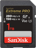 SanDisk 1TB Extreme PRO SDXC card, SD Card, V60 Memory card, 6K & 4K UHD, up to 280 MB/s, Shock, Temperature, Water and X-Ray Proof, RescuePro Deluxe data recovery software, UHS-II, Class 10, U3