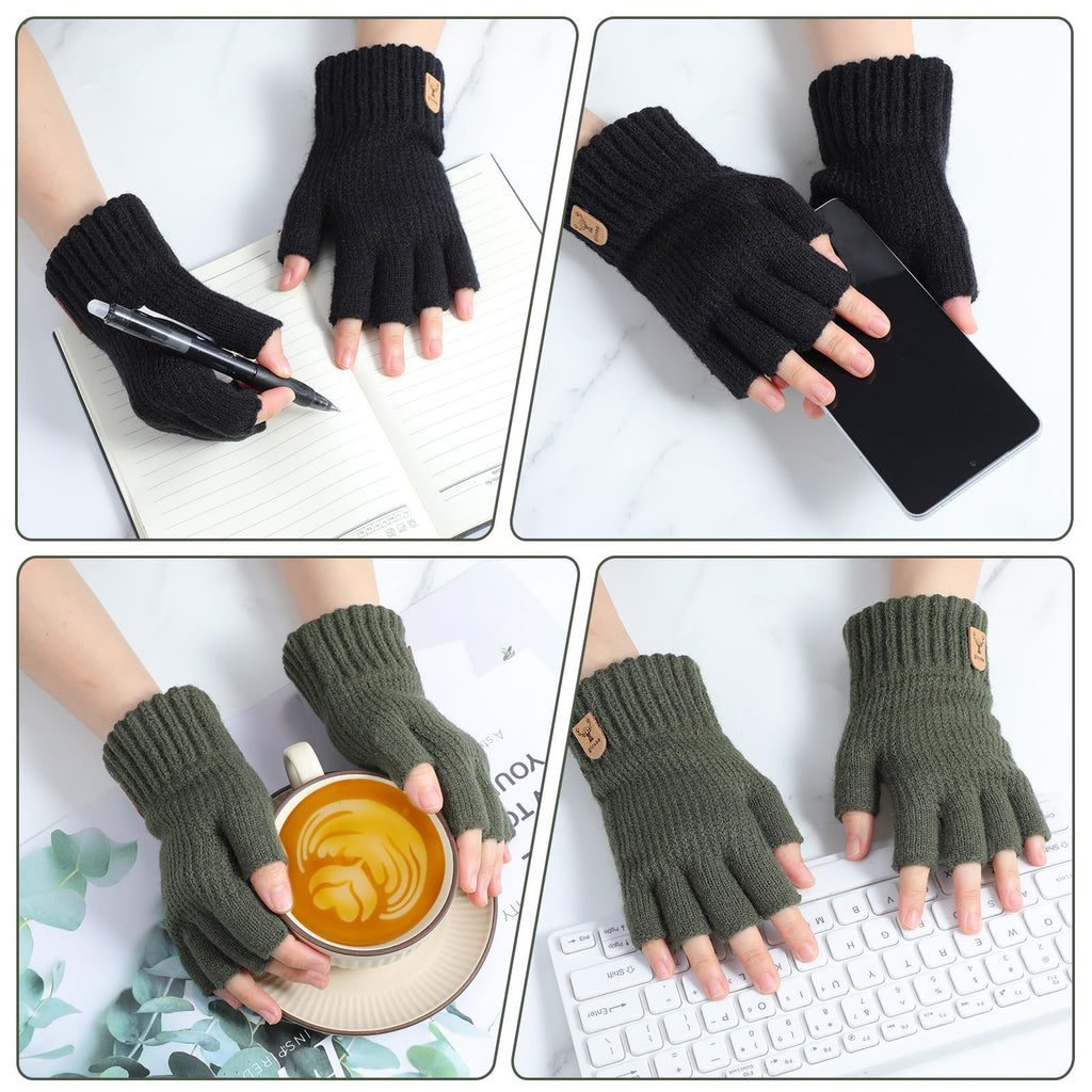 Grevosea 2 Pair Fingerless Warm Gloves - Winter Half Finger Gloves Thickened Knit Touchscreen Stretchy Mittens for Men Women