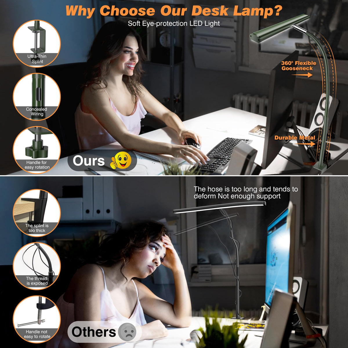 Airlonv LED Desk Lamp with Clamp, 17" Stepless Dimming Light, Black