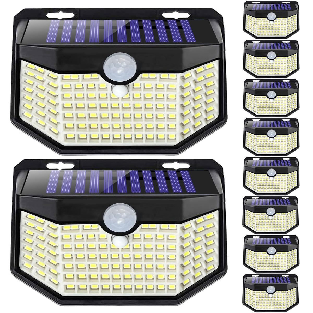 HMCITY Solar Lights Outdoor 120 LED with 3 Lighting Modes, Motion Sensor Wall Lights,IP65 Waterproof Solar Powered for Garden Patio Yard (Back Button 2Packs, Black Shell-Daylight White)