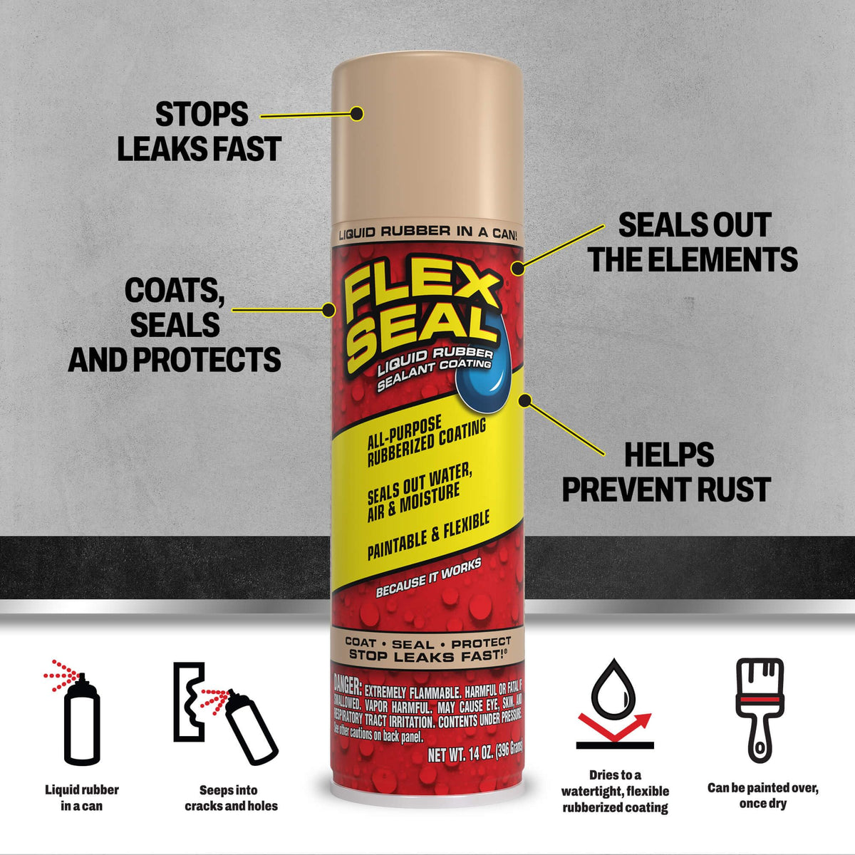 Flex Seal Spray Rubber Sealant Coating, Waterproof, Clear, 14 oz, 1-Pack