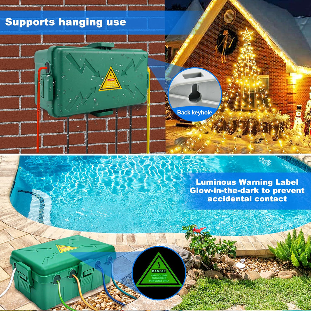 Hrensaw Medium Outdoor Electrical Box(10.6x5.5x4.5inch),Weatherproof Connection Box w/6 Cable Entry,IP54 Waterproof Extension Cord Cover Protect Power Strip,Timer,Plug,Holiday Lights,Black