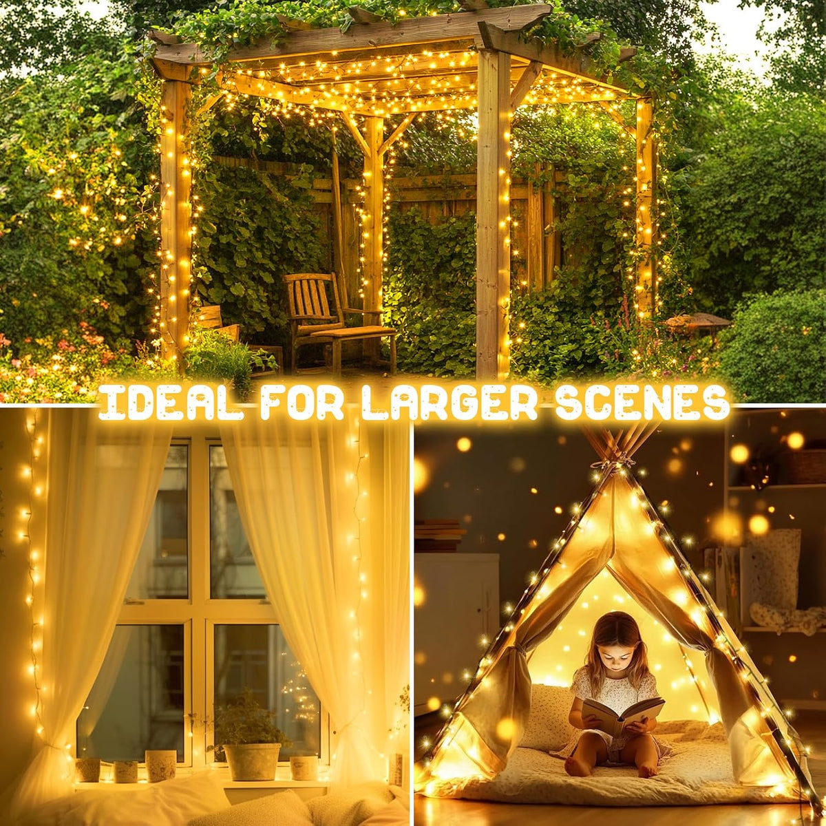 Christmas Lights Outdoor Battery Operated String Lights Total 100LED 33Ft with Timer 8 Modes 16.4Ft*2 Waterproof Outdoor Indoor for Christmas Decor, Warm White, 2-Pack