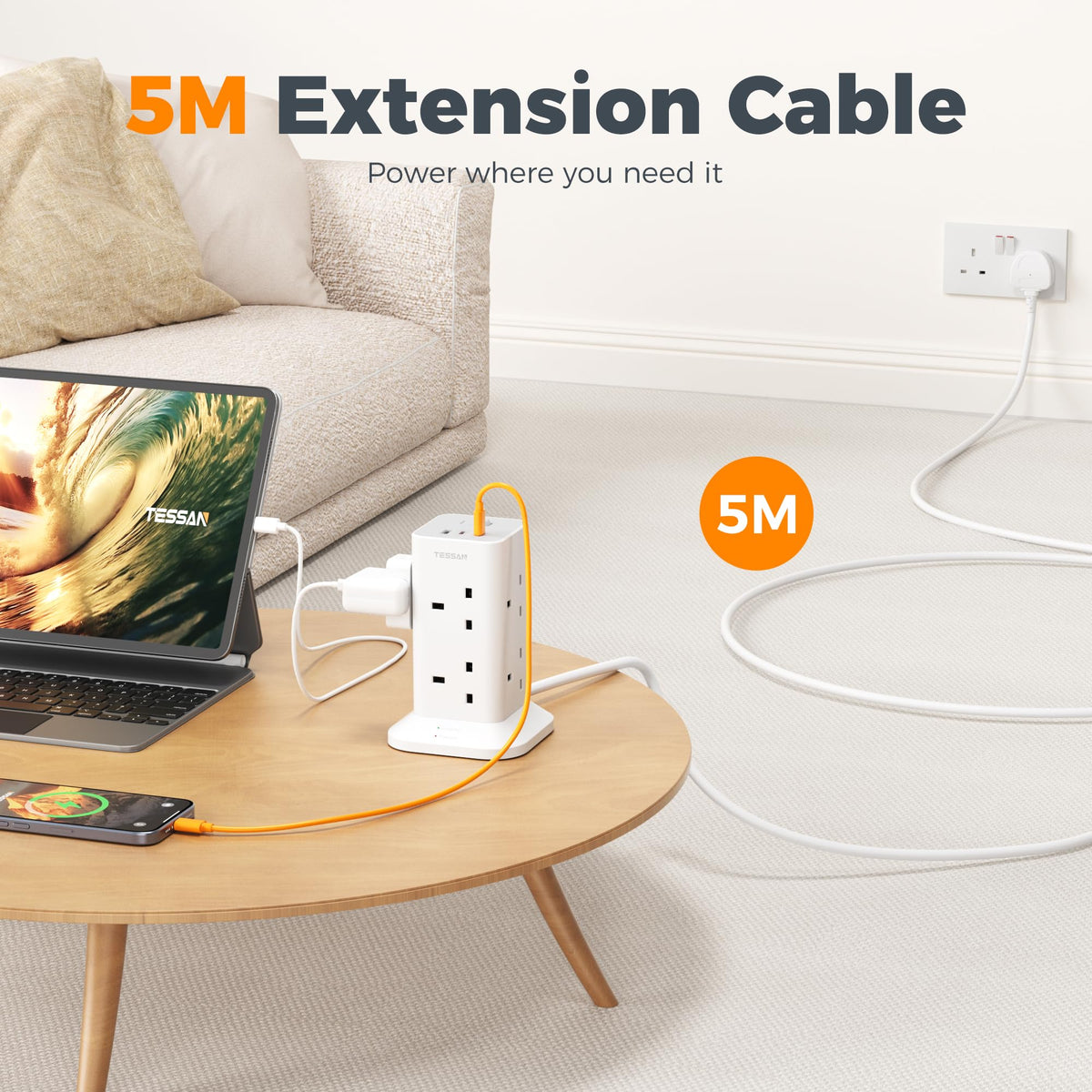 TESSAN Tower Black Extension Lead with USB C Slots