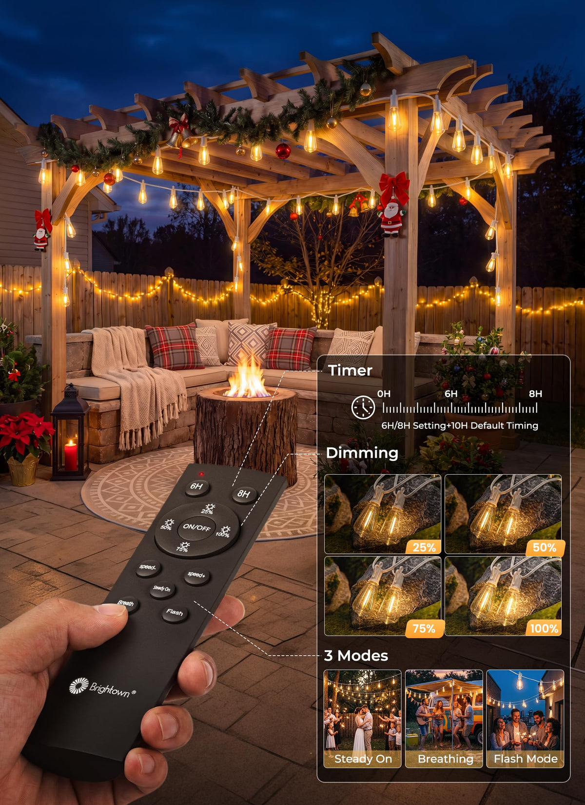 Brightown 52FT Solar String Lights Outdoor Waterproof, Last 30+ Hrs Runtime