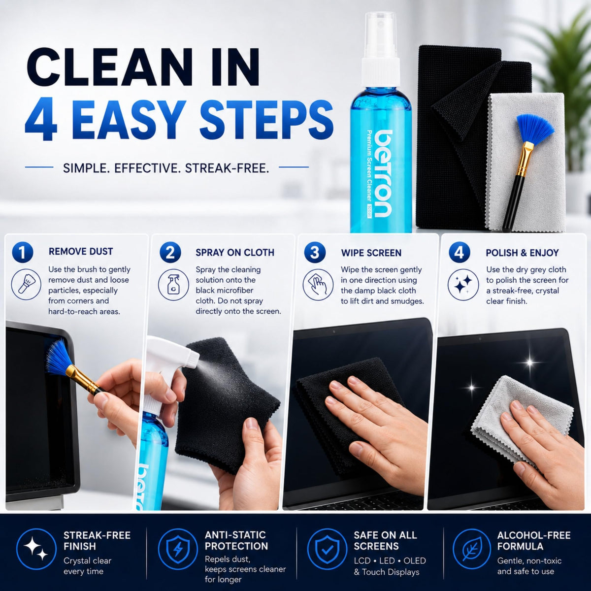 Betron Screen Cleaner Spray Kit with Cloth for TV, Laptop, Monitor, 500ml