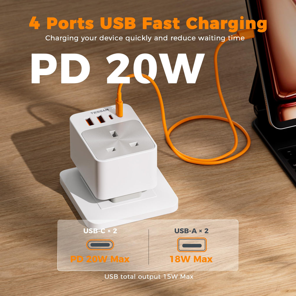 TESSAN UK to European Plug Adapter 2 Pack, EU Travel Plugs with USB C