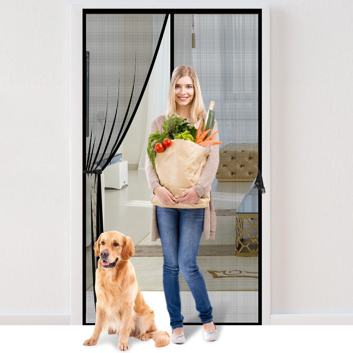 Fiberglass Magnetic Screen Door Fit Door Size 72 x 96 in- Heavy Duty Fiberglass Screen Door Mesh for Interior Door, Patio and Sliding Doors - Door Screen Magnetic Closure Let Fresh Air in