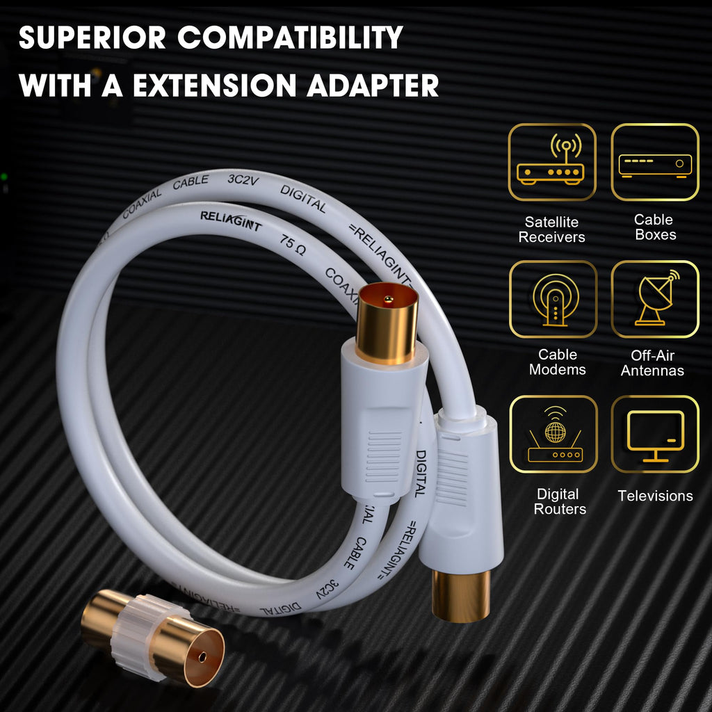 TV Aerial Cable 10m, 75 Ohm Coaxial Lead, IEC 9.5mm Male to Male 3C2V Pure Copper Dual Shielded, Right-Angle Connector, Female to Female Adaptor Included, Black