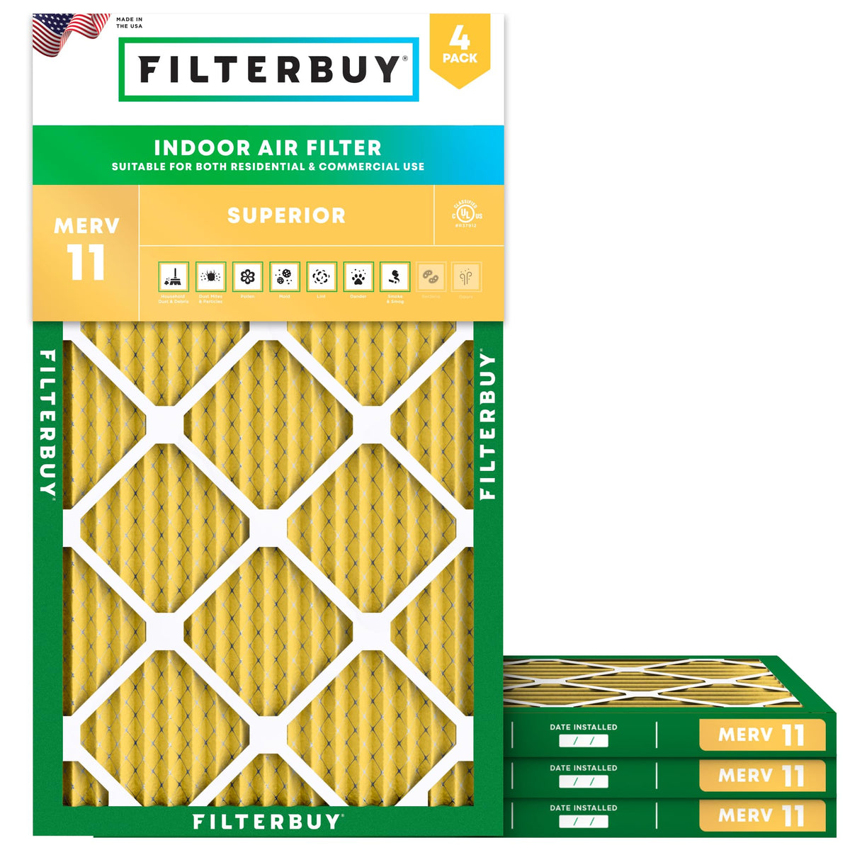 Filterbuy 16x20x1 Air Filter MERV 11 Pet & Allergy Defense (4-Pack)
