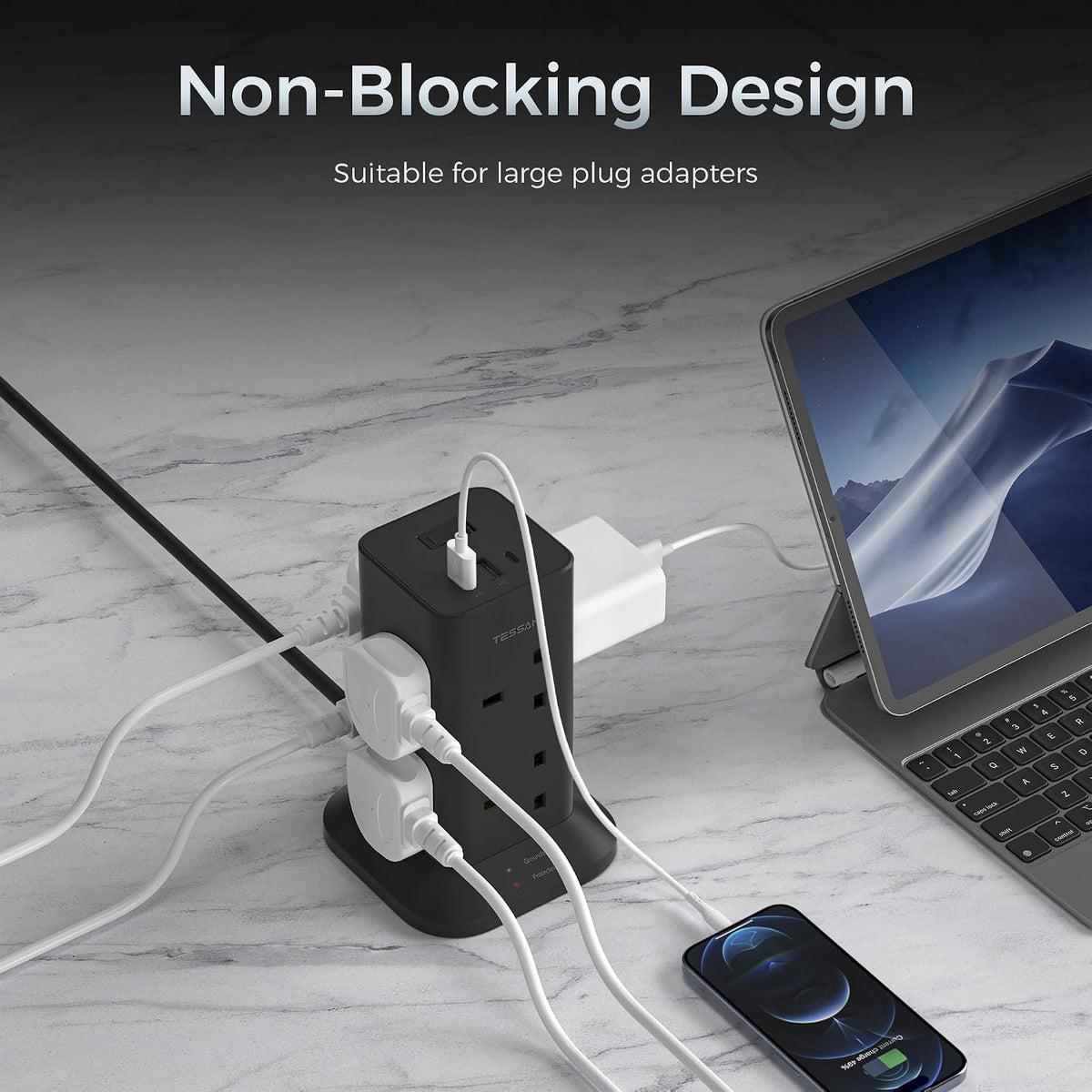 TESSAN Tower Black Extension Lead with USB C Slots