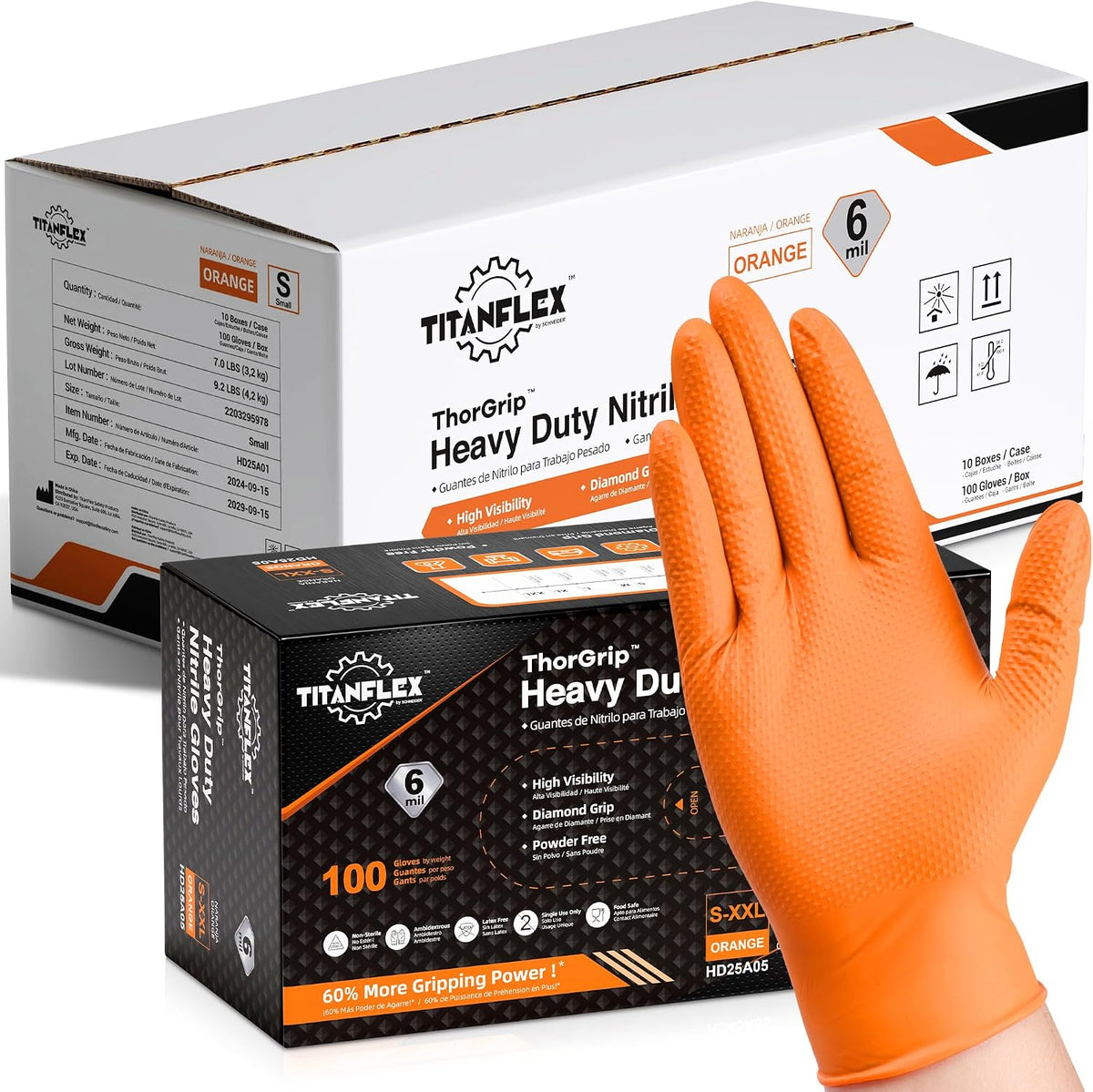 TitanFlex Heavy Duty Industrial Orange Nitrile Gloves, 8-mil, Gloves Disposable Latex Free with Raised Diamond Texture Grip, Powder Free, Rubber Glove, Mechanic Gloves,50-ct Box (Small)