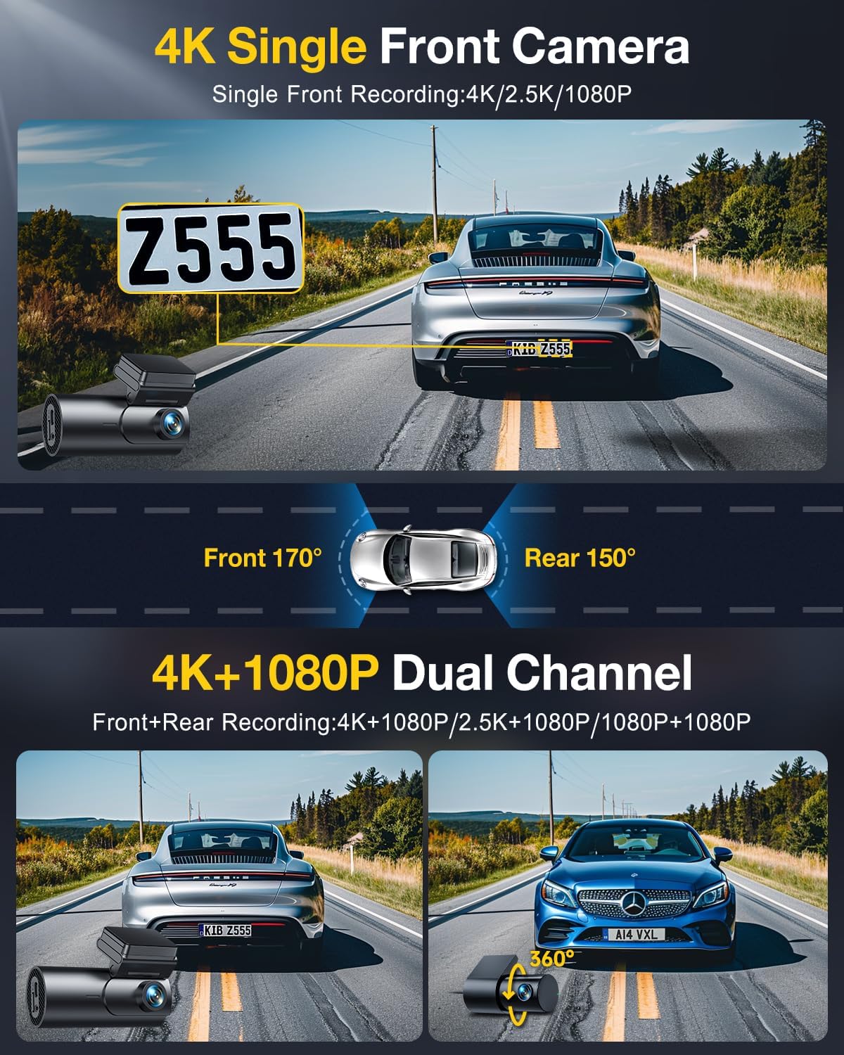 GKU 4K Dash Cam Front and Rear, 5GHz WiFi GPS, 64GB SD Card Included
