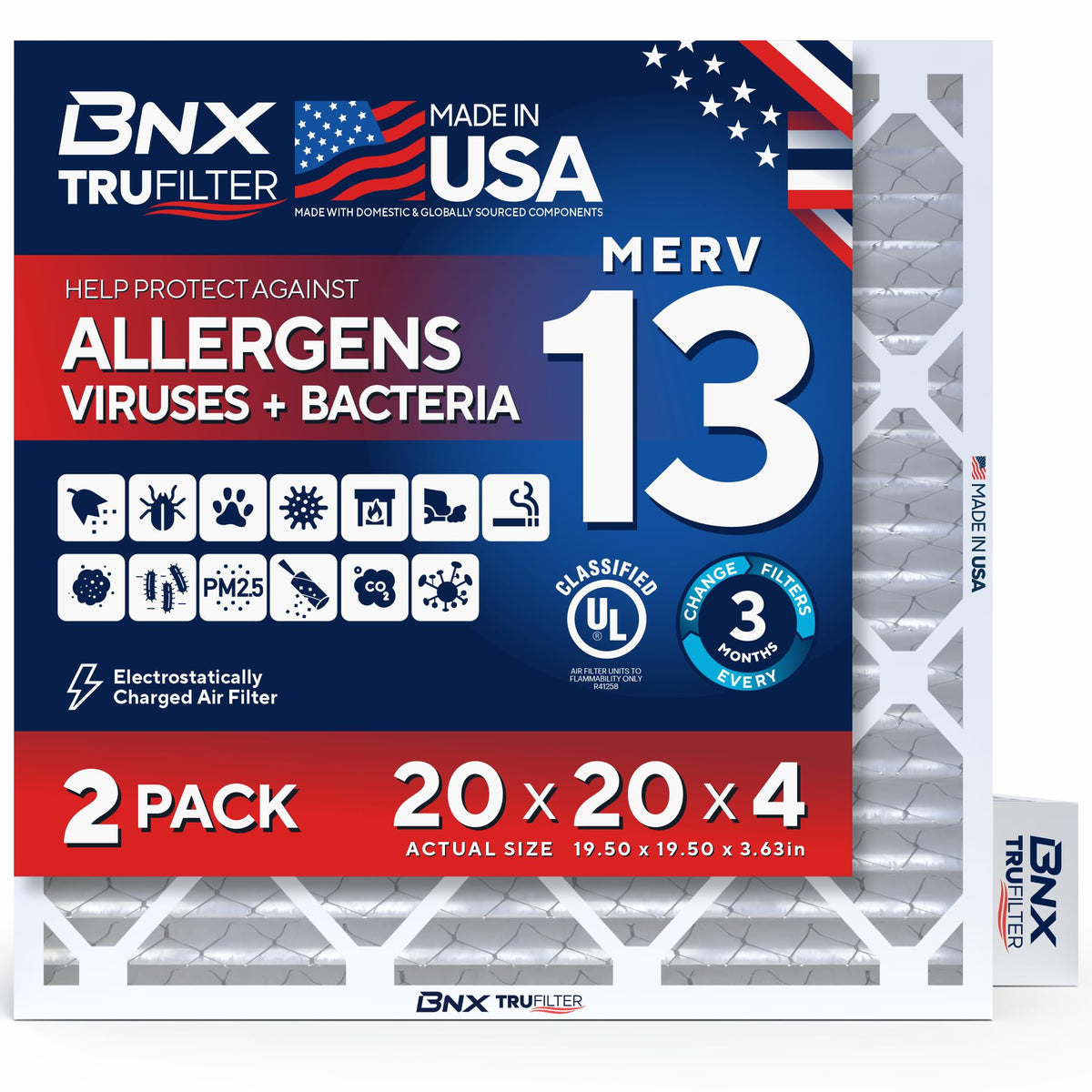 BNX TruFilter 20x20x1 Air Filter MERV 13 Smoke, Allergy, Pet Defense 6-Pack
