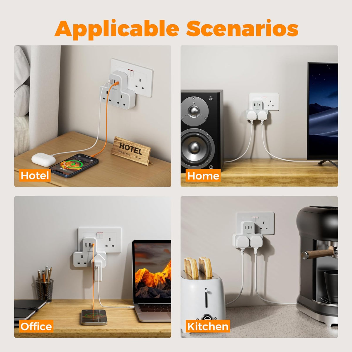 TESSAN Plug Adapter with 3 USB Ports, 2 Way MultiPlug Extension