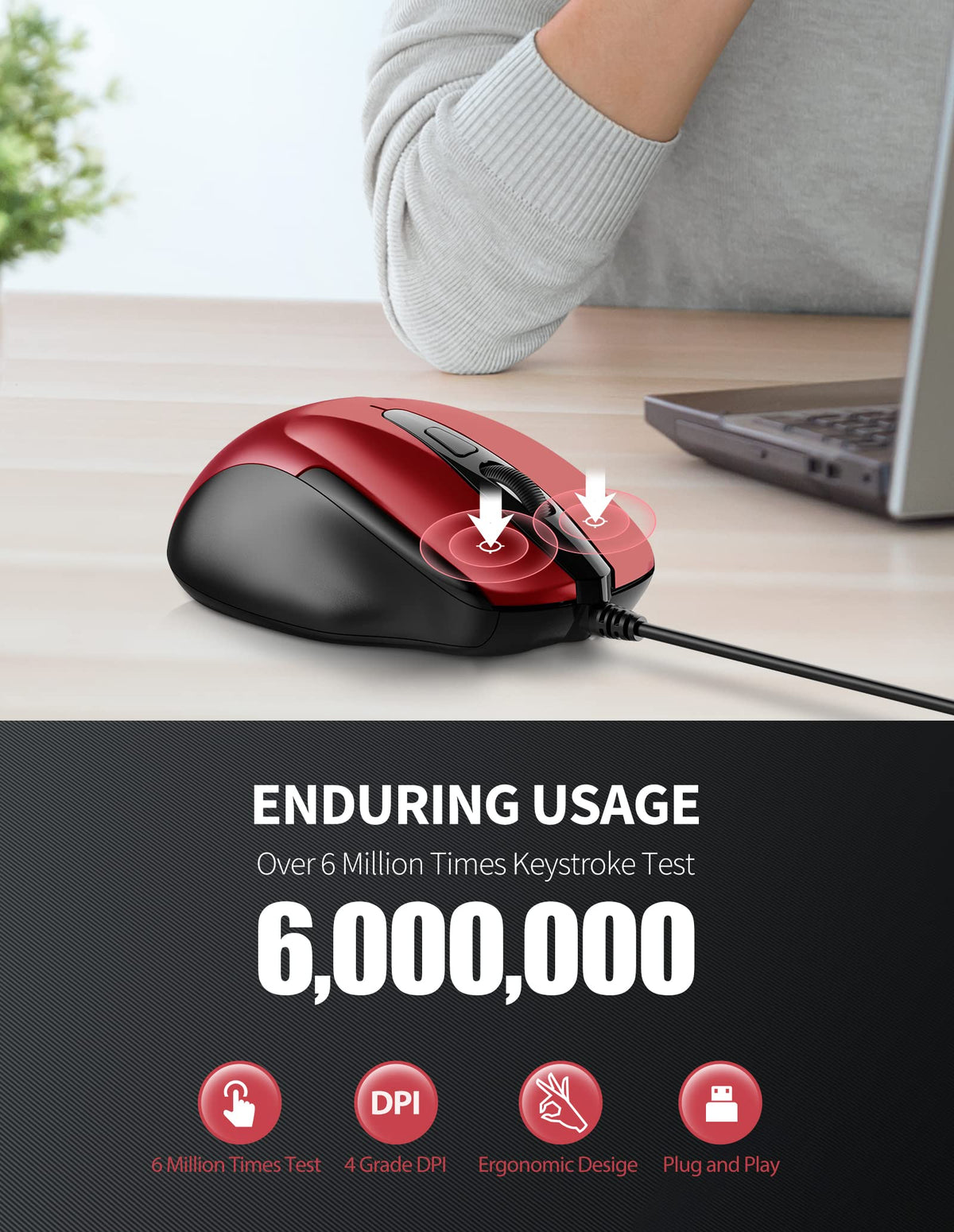 TECKNET USB Wired Mouse,6400 DPI Optical,6-Button Ergonomic Computer Mouse