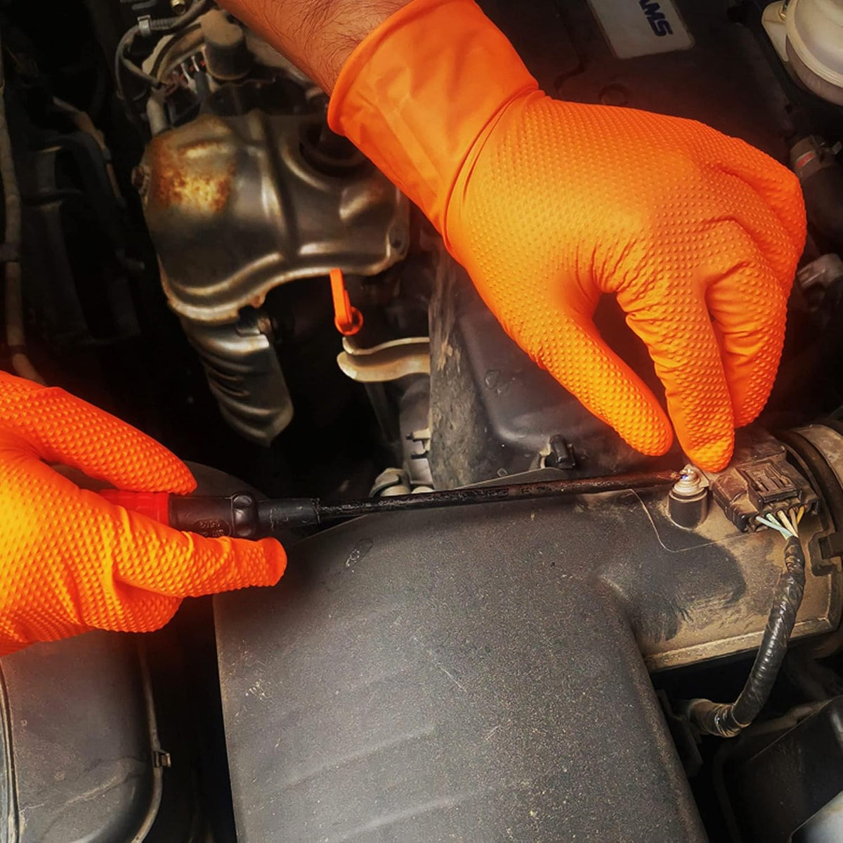 TitanFlex Heavy Duty Industrial Orange Nitrile Gloves, 8-mil, Gloves Disposable Latex Free with Raised Diamond Texture Grip, Powder Free, Rubber Glove, Mechanic Gloves,50-ct Box (Small)