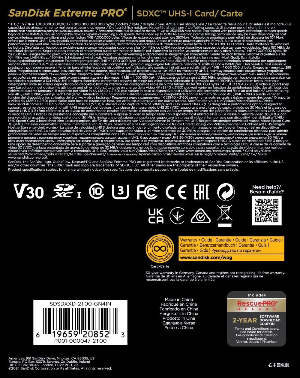 SanDisk 1TB Extreme PRO SDXC card, SD Card, V60 Memory card, 6K & 4K UHD, up to 280 MB/s, Shock, Temperature, Water and X-Ray Proof, RescuePro Deluxe data recovery software, UHS-II, Class 10, U3