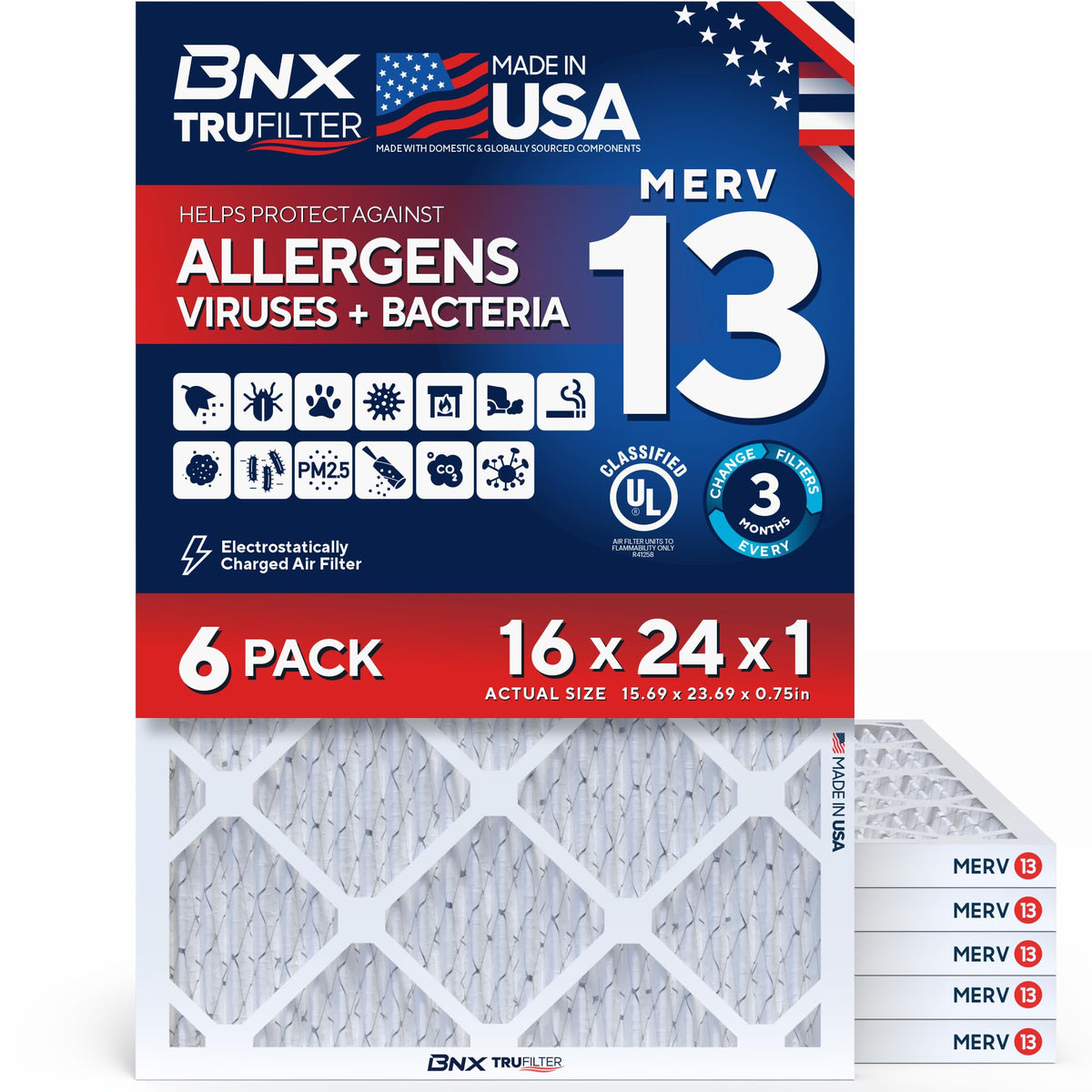 BNX TruFilter 20x20x1 Air Filter MERV 13 Smoke, Allergy, Pet Defense 6-Pack