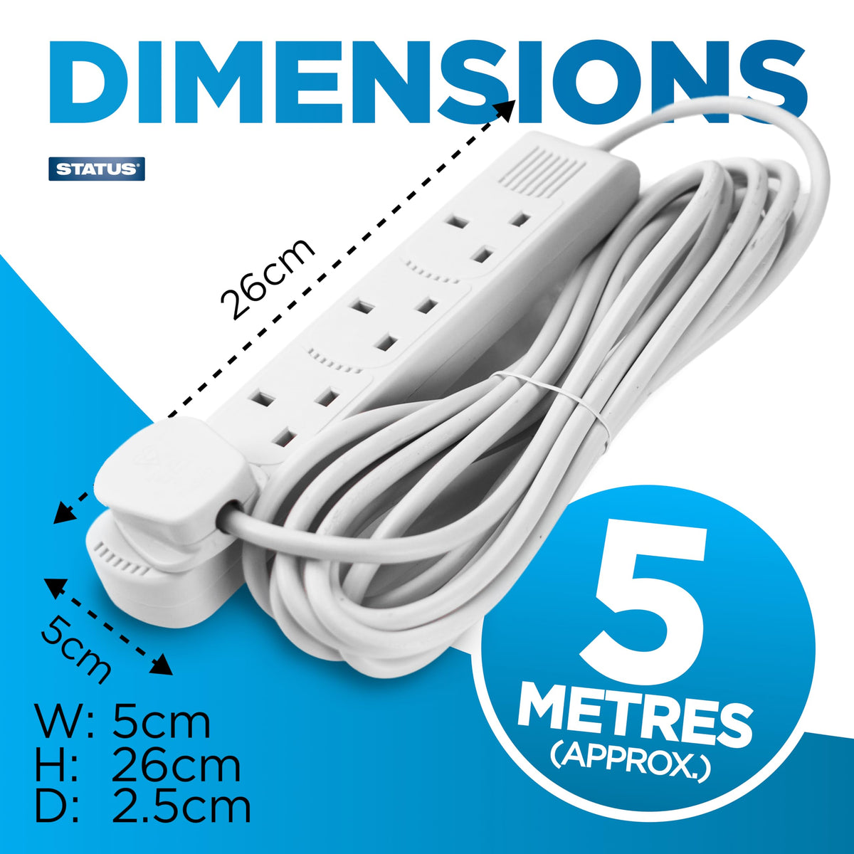 STATUS 4 Way Socket Extension Lead, 1m Cable, White (4WS1M20)