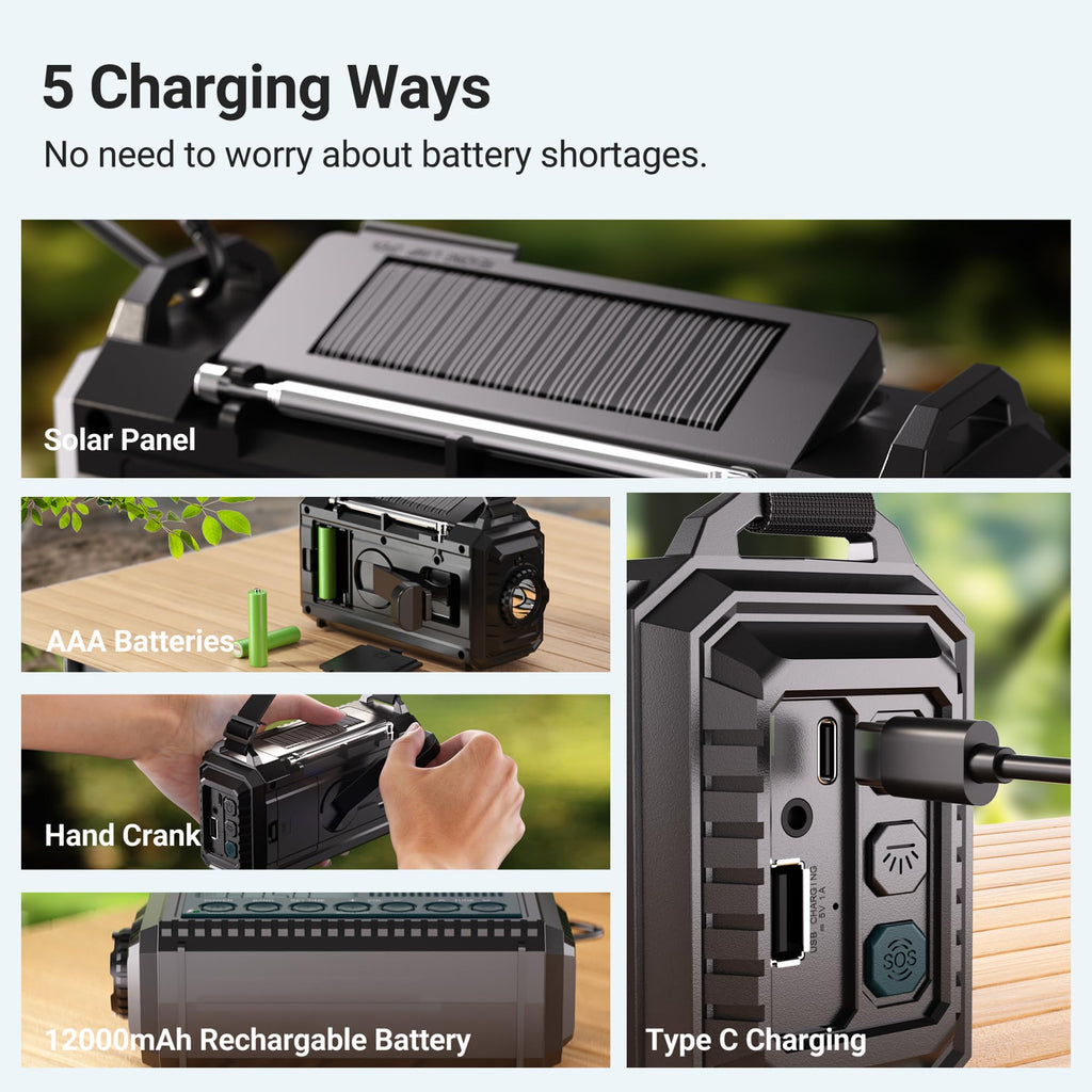 Mesqool Portable Wind Up Hand Crank and Solar Powered Radio with USB Phone Charger, Emergency Radio with SOS Alarm and Flashlight, AM/FM/SW Radio with 12000mAh Rechargeable Battery for Outdoor