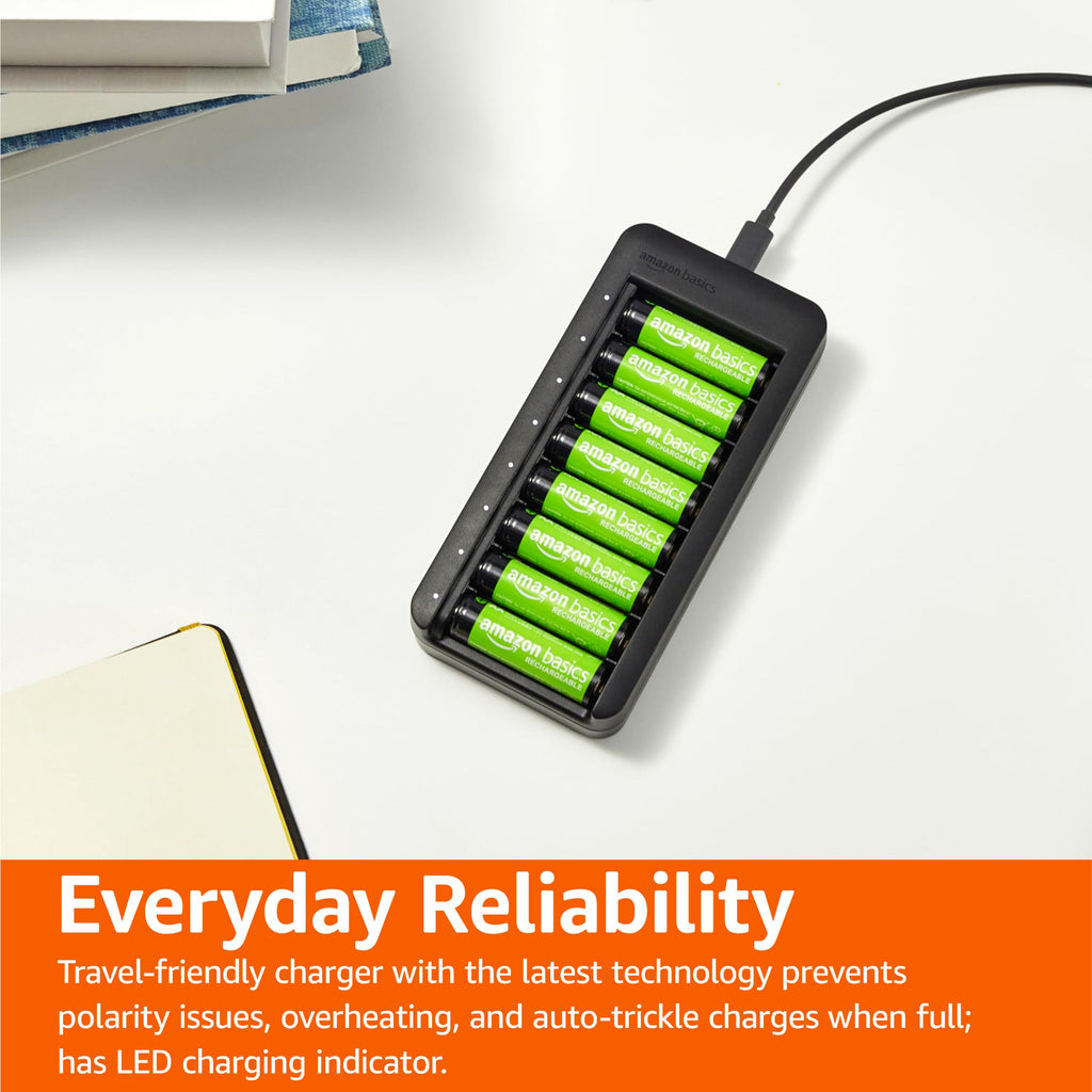 Amazon Basics Battery Charger for Rechargeable AA and AAA NiMh Batteries – UK Plug, 4-Bay, Black