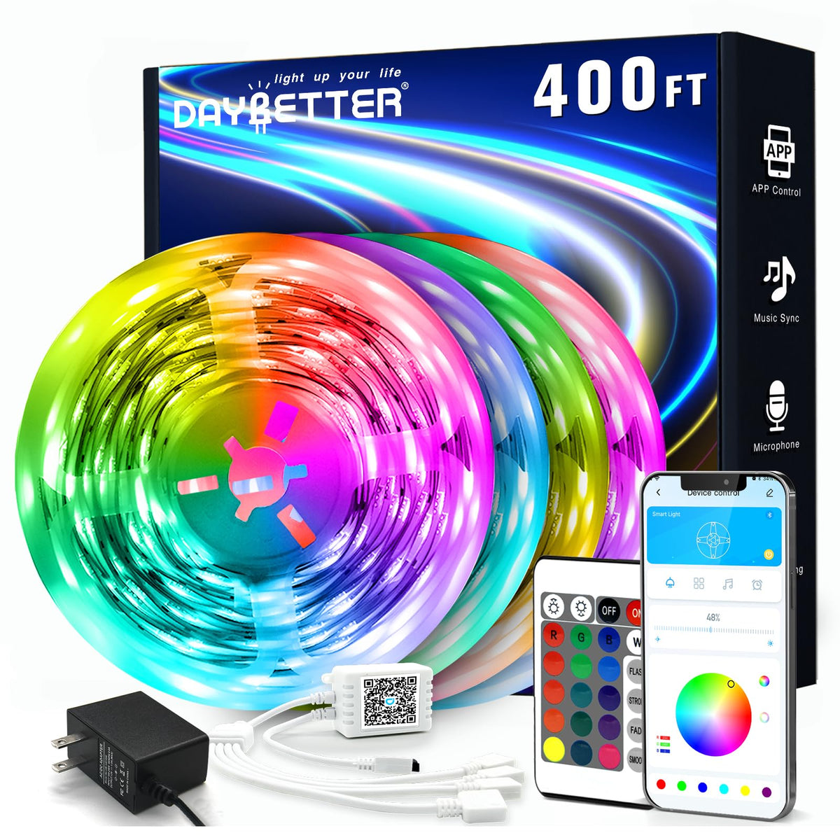 DAYBETTER LED Strip Lights 200 ft (2 Rolls of 100 ft), Smart App Control Lighting Bedroom Rome Decor with Remote, RGB Color Changing LED Lights for Party