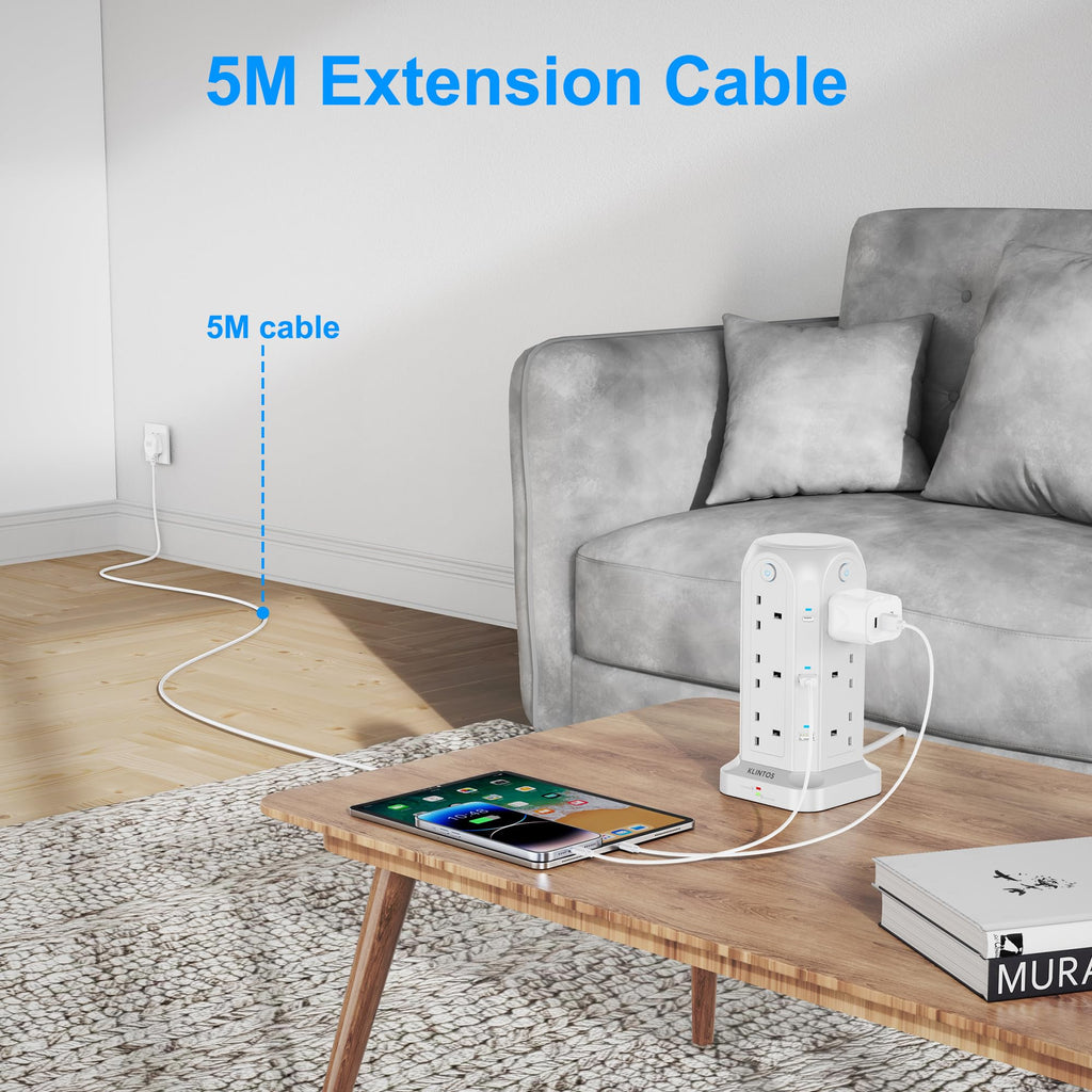 Tower Extension Lead 2M, 12 Way, 6 USB, 4 Independent Switches