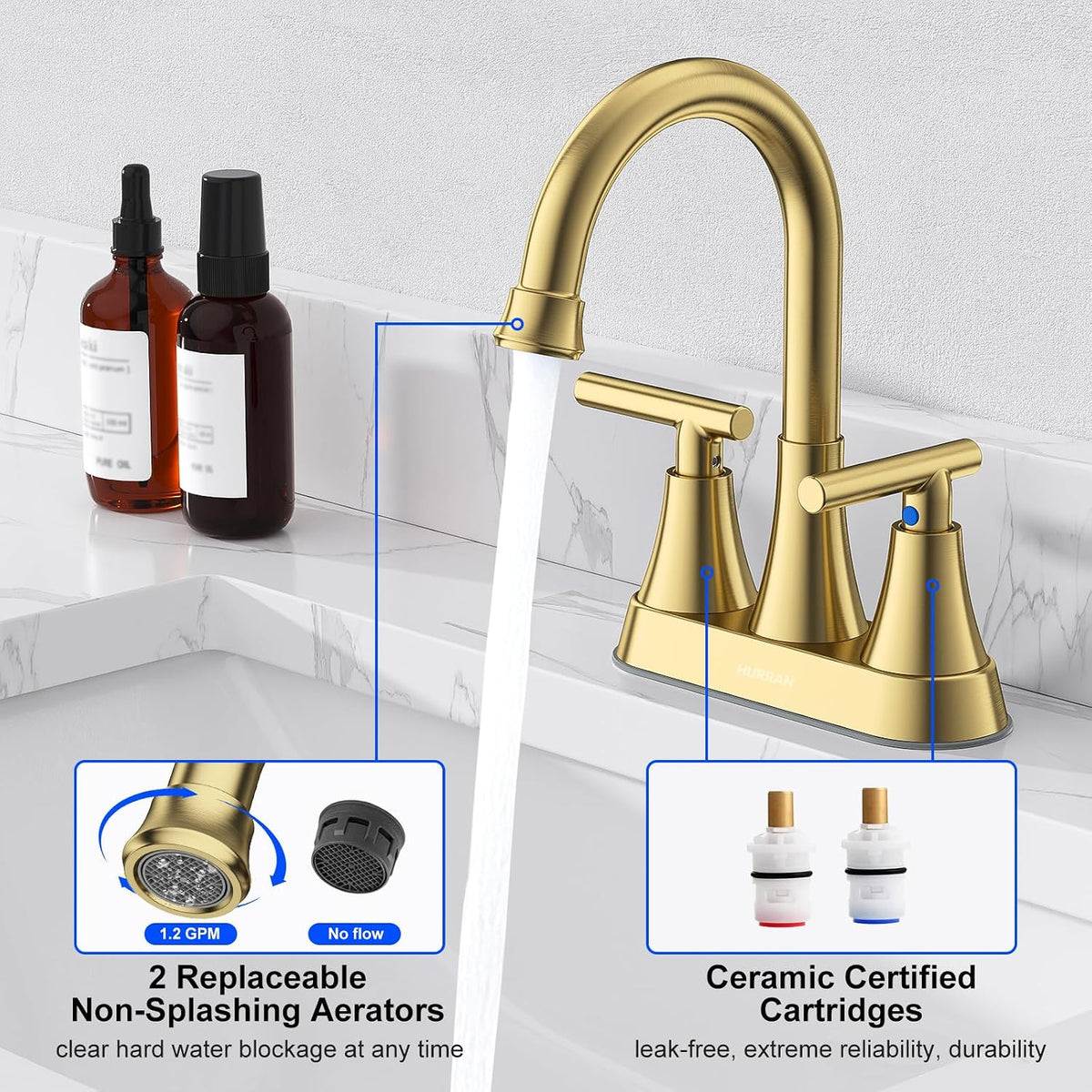 Matte Black Bathroom Faucet, Hurran 4 inch Centerset 2-Handle Lead-Free